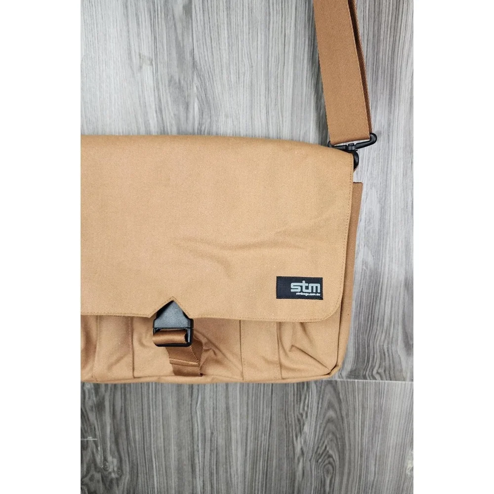 STM Laptop Messenger Bag Tan Canvas Padded Shoulder Strap Travel Work Briefcase